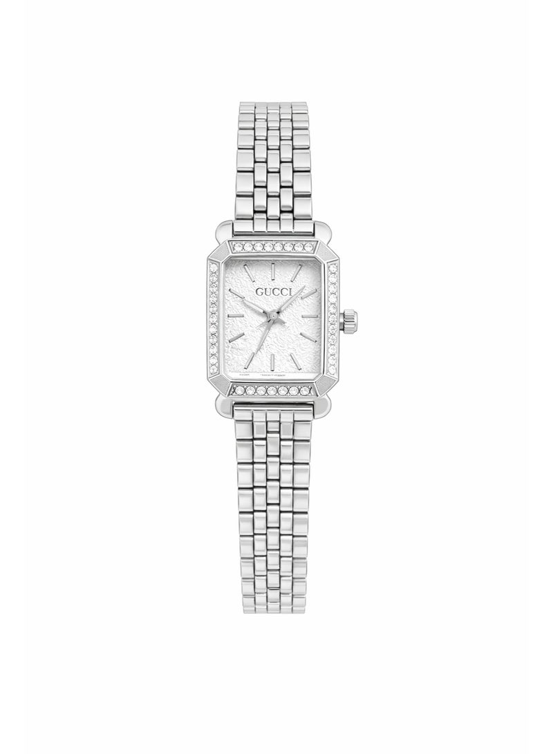 Gucci Silver-Tone Rectangular Watch with Textured Dial and Crystal Bezel